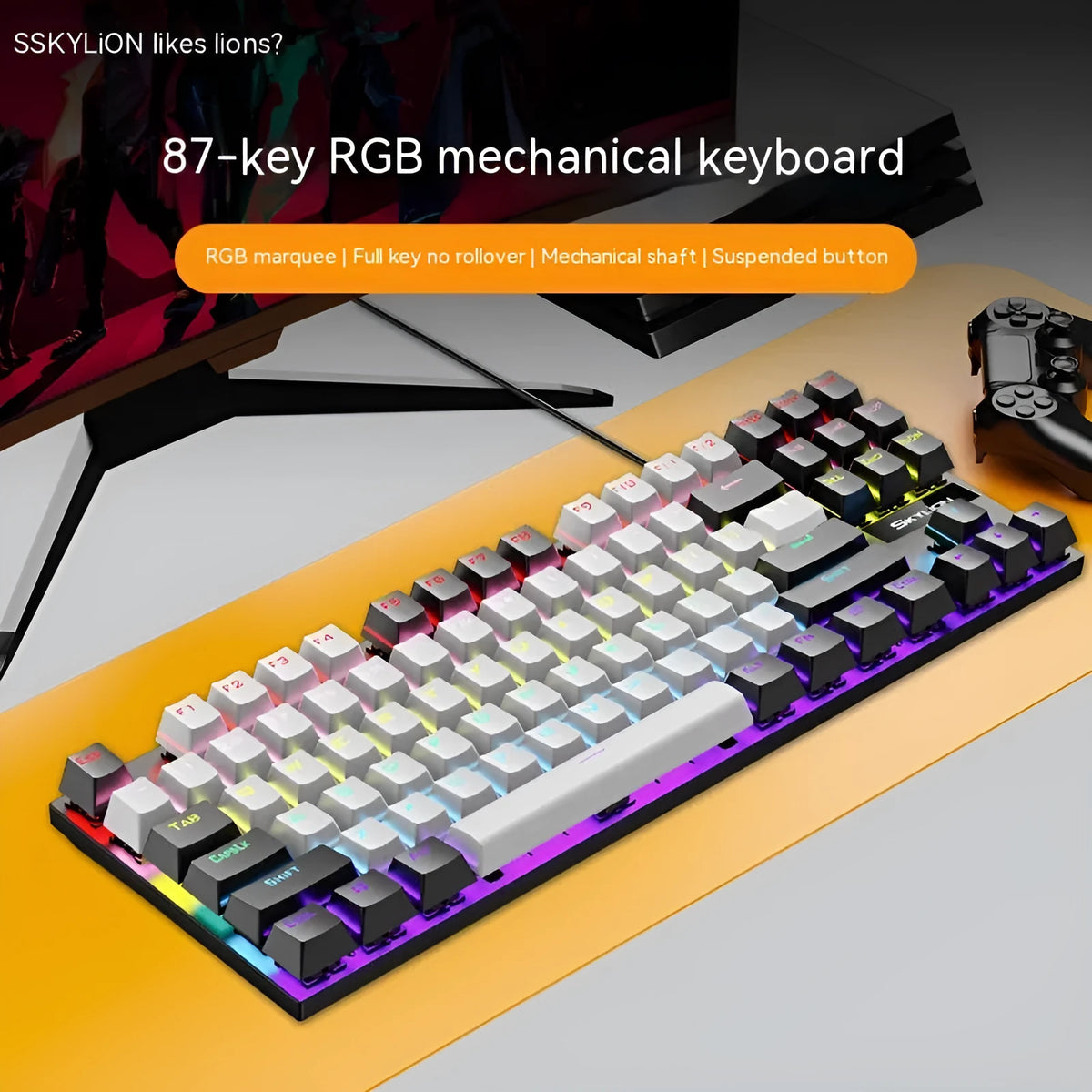 K87 tenkeyless mechanical keyboard with metal frame, shown in a Blue White colour option with Green switches.