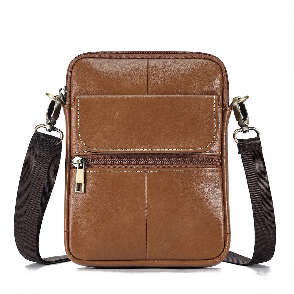 Men's brown genuine leather crossbody shoulder bag with sewing line detail