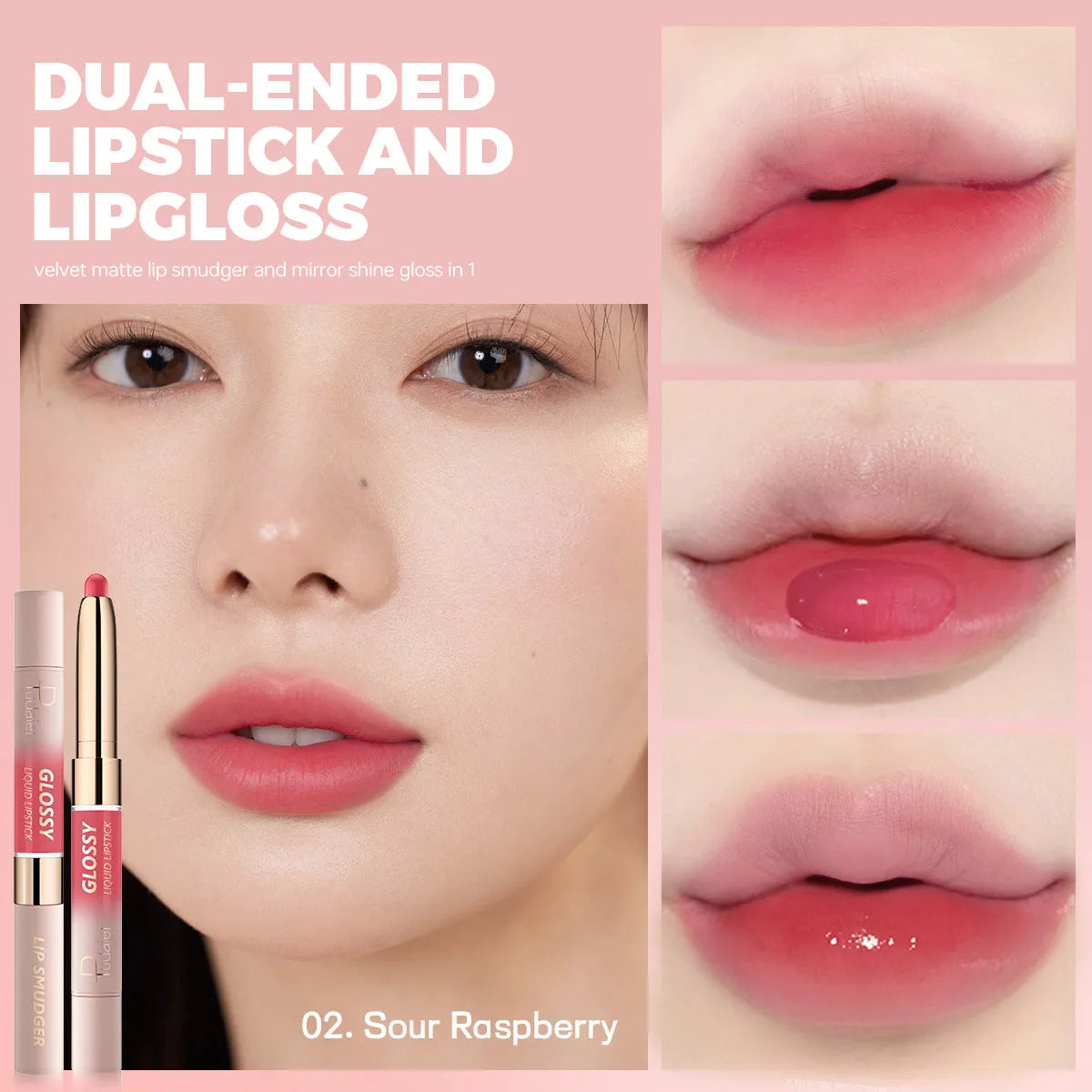 Double-headed lipstick and lip gloss set showing ten colour shades in matte finish.