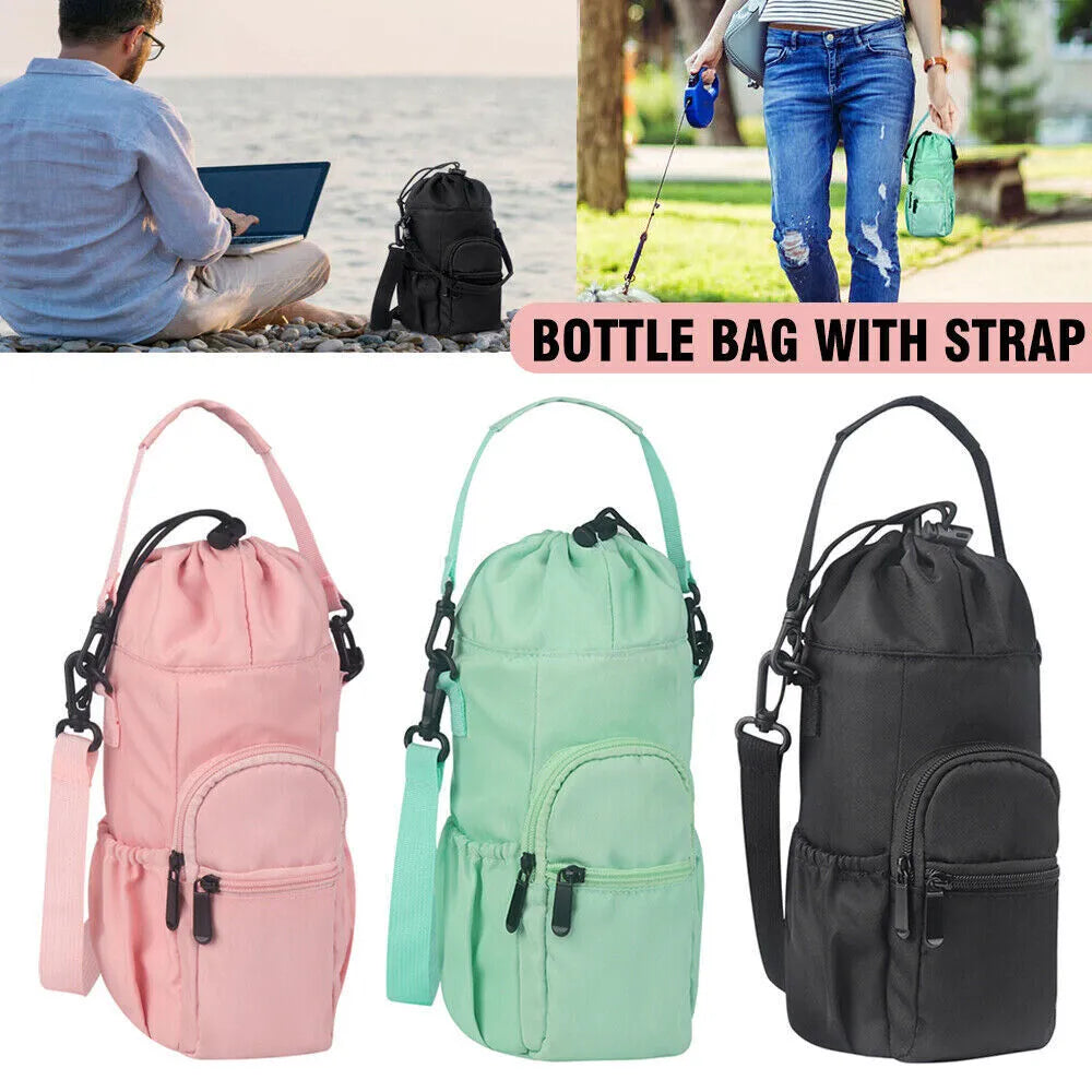 Cloth water bottle pouch crossbody shoulder bag in black, green or pink colour options