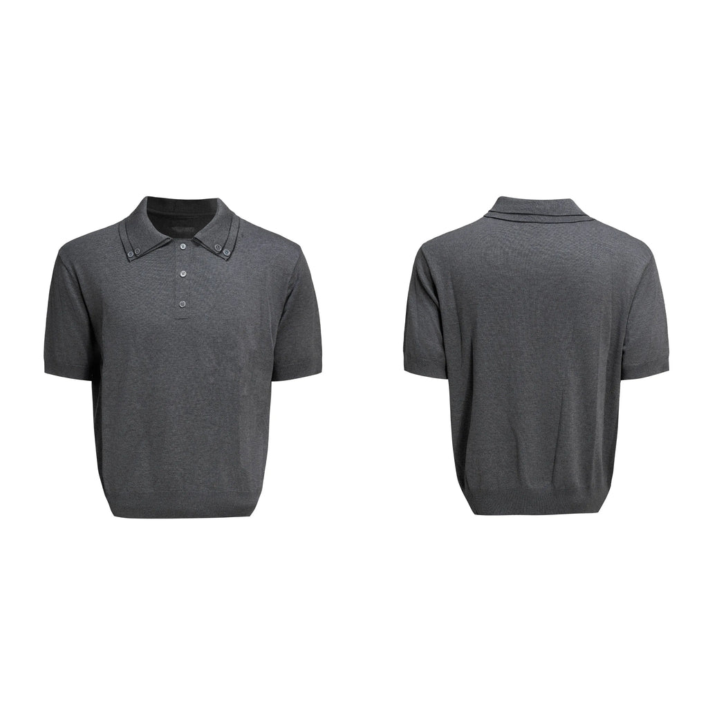 Men's black short sleeve shirt with double collar design and slim knit fabric in loose fit