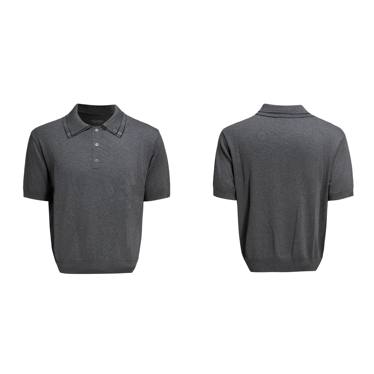 Men's black short sleeve shirt with double collar design and slim knit fabric in loose fit