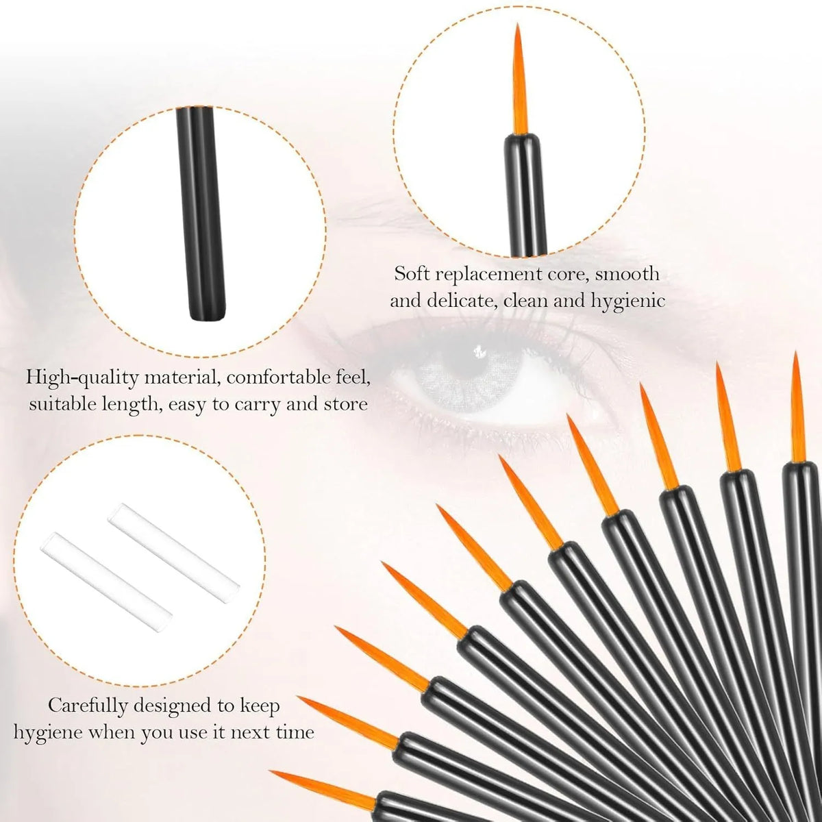One hundred black disposable eyeliner brushes with fine point applicators and protective sleeves