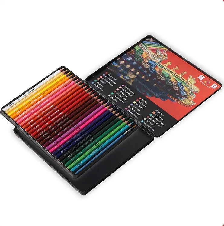 Water-soluble coloured pencils set with 24 wooden barrel colours in iron storage box HB-WPTB024