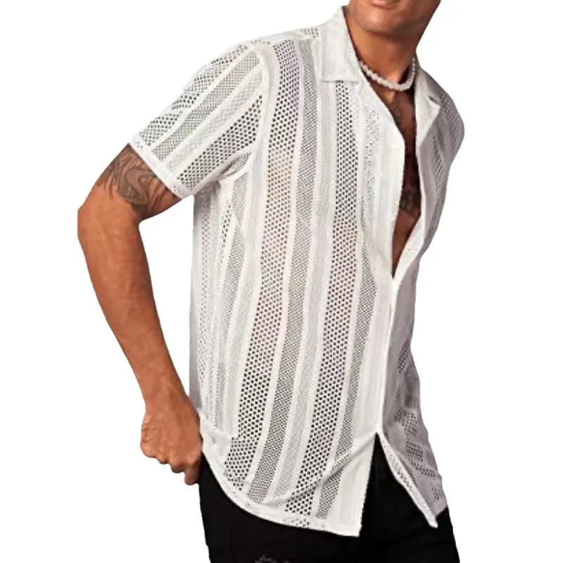 Men's button knitted short-sleeved shirt with jacquard craft texture in regular fit