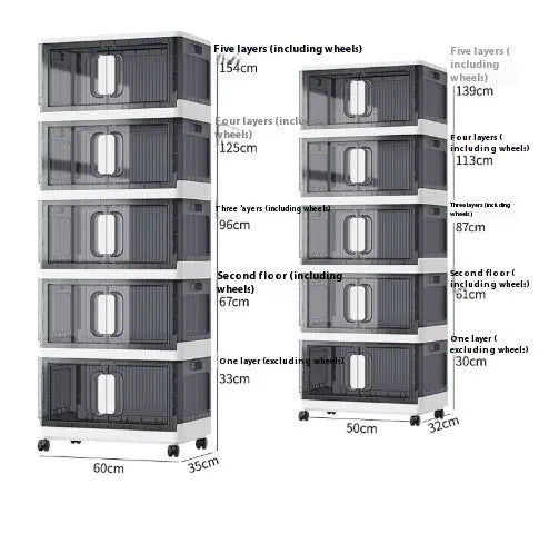 Foldable wardrobe storage locker with wheels in white or grey showing multiple layer shelves for household organisation