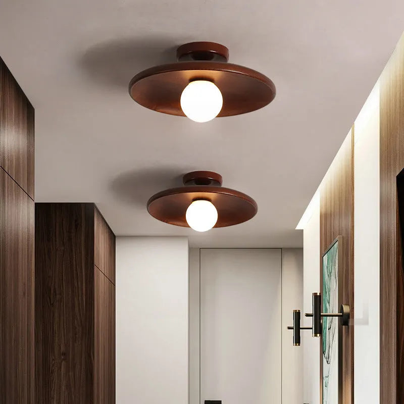 Minimalist solid wood and glass ceiling lamp in walnut colour