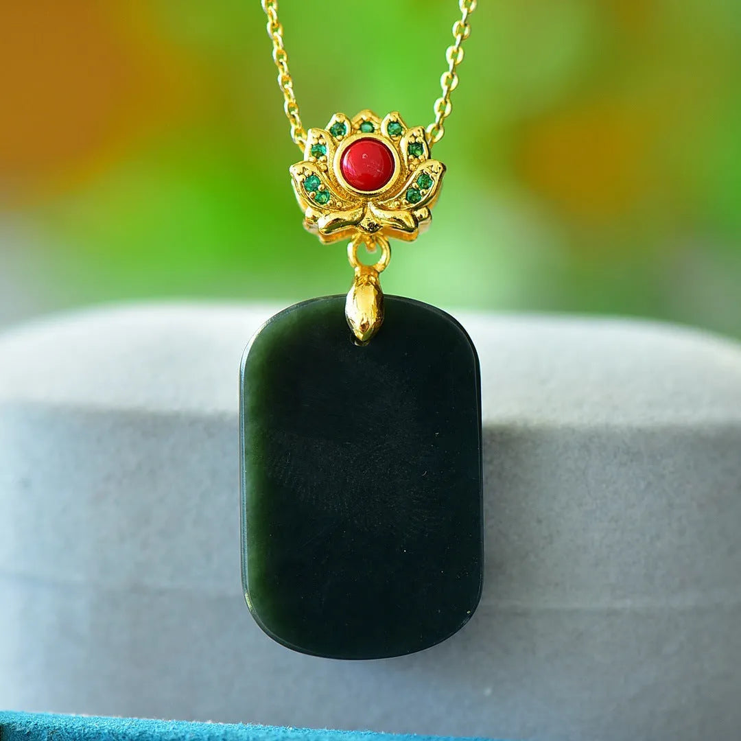 Natural grey Hetian jade pendant with copper inlay on a chain, modern simplicity style.
