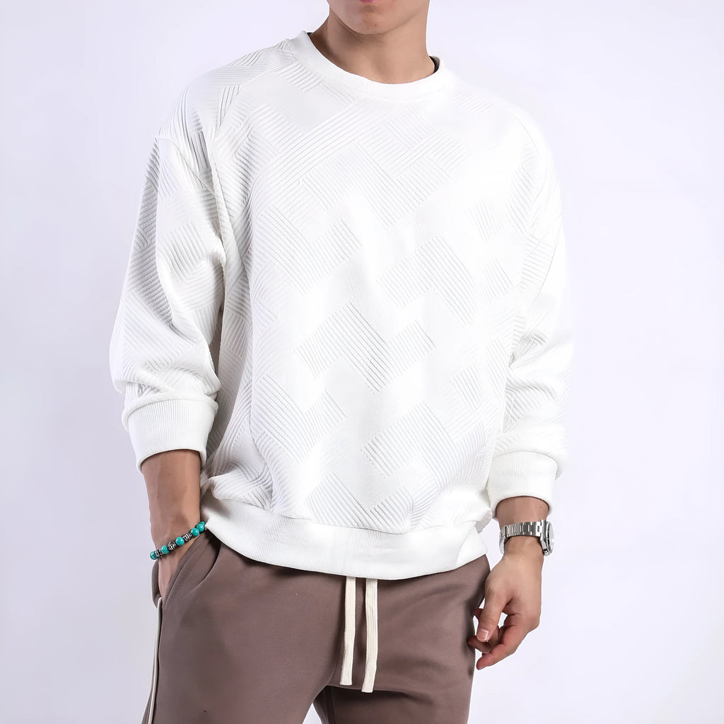 Men's twill jacquard long-sleeved pullover sweater in army green colour with round neck collar