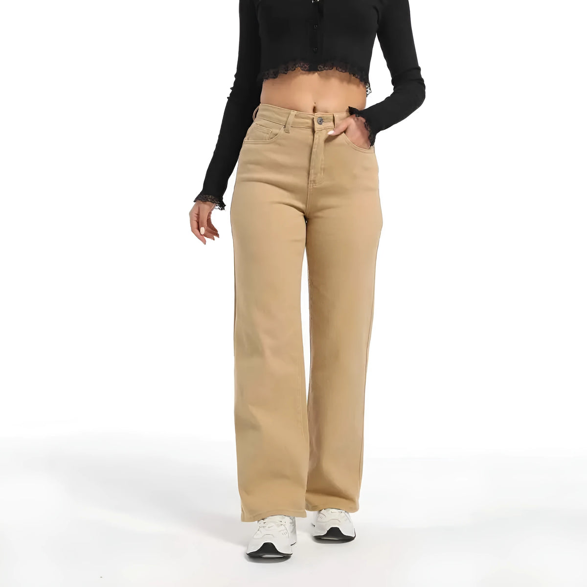 Women's apricot wide leg straight jeans with high waist on a hanger