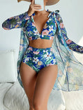 Women's printed three-piece bikini swimsuit set showing bra, shorts, and sunscreen shirt in multicolour pattern.