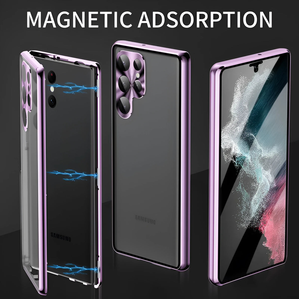 Samsung S24 Ultra phone case with magnetic frame and mirror privacy screen in multiple colour options.