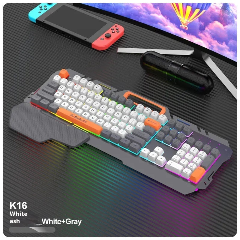 Blue wired gaming keyboard and mouse set with backlit keys on desktop