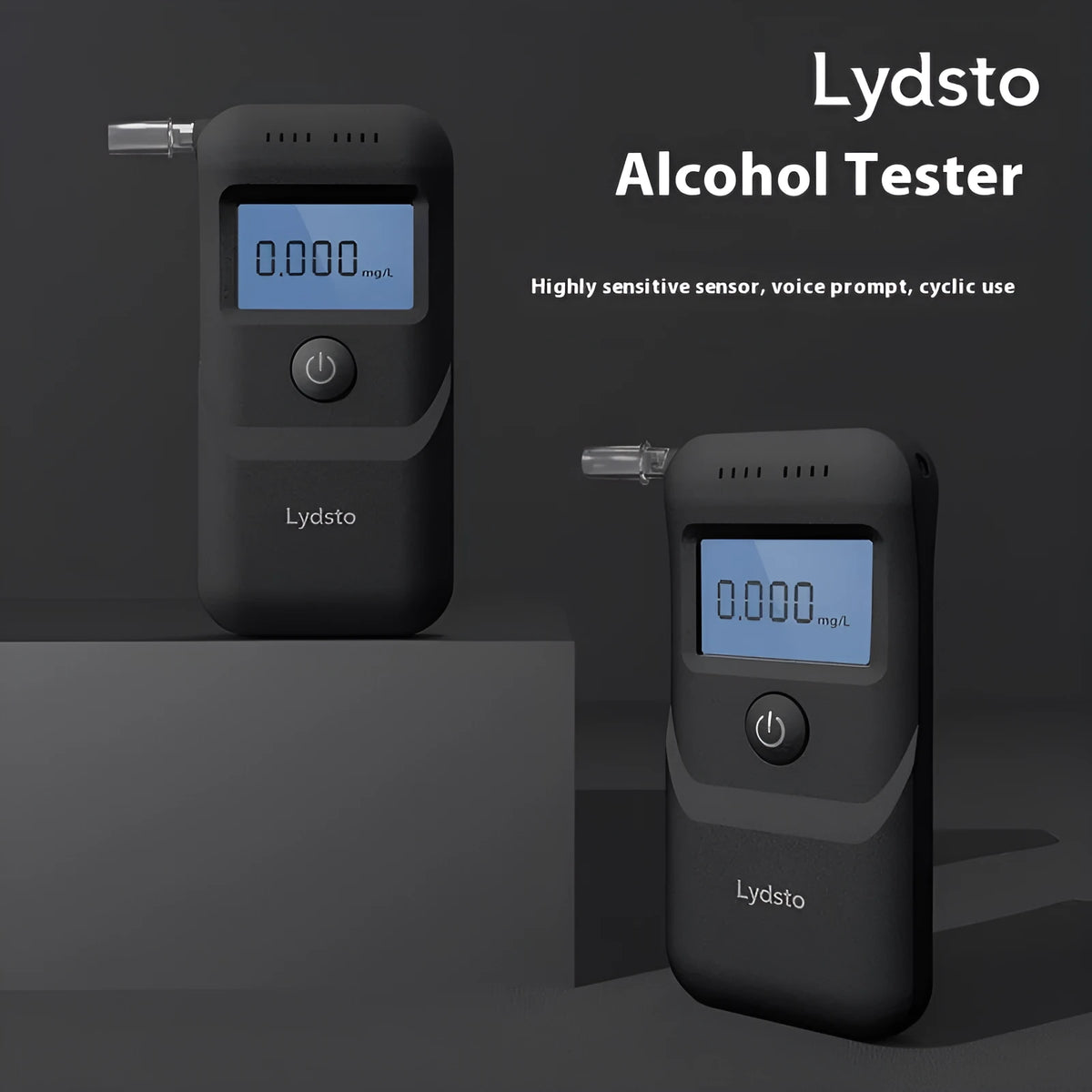 Black handheld personal alcohol breath tester, model HD-JJCSY01, on a plain background.