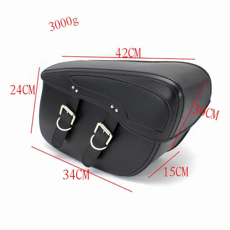Retro style black PU leather motorcycle side box mounted on a bike, showing its saddle bag shape and size.