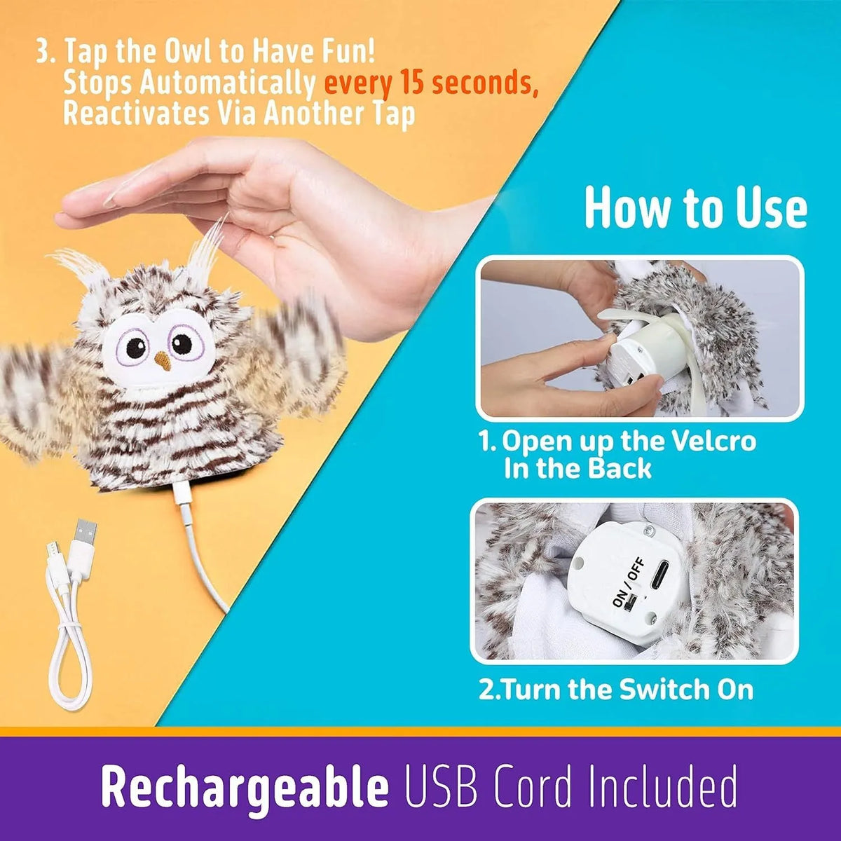 Grey interactive owl cat toy with flapping wings on flat surface