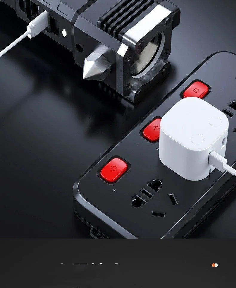 Silver portable LED flashlight with integrated power bank charging function.