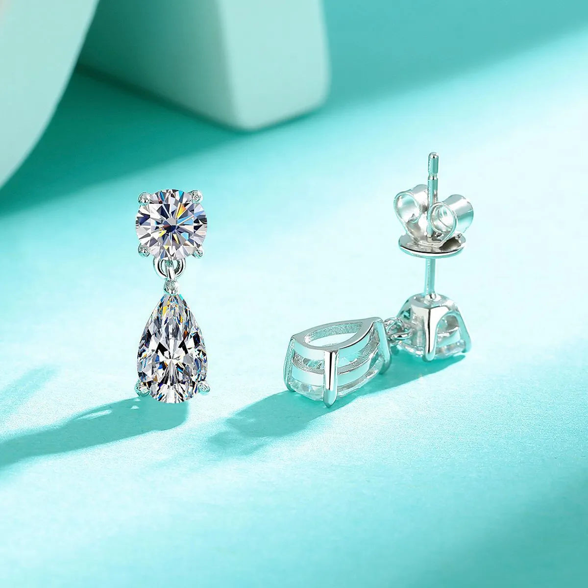 925 sterling silver moissanite stud earrings with round and water drop geometric shapes in gold finish