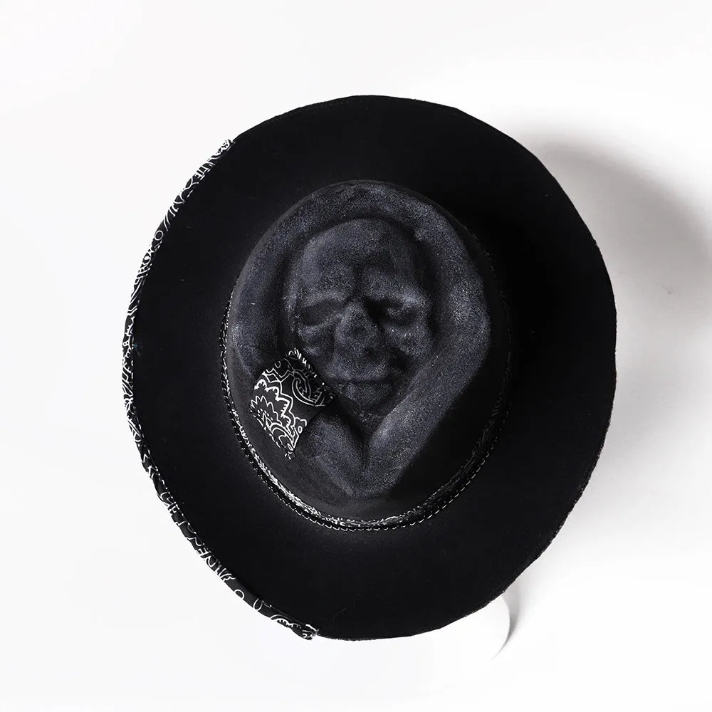 Handmade wool felt denim Halloween skull hat with conical crown design