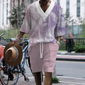 Men's printed drop-shoulder knitted top and shorts suit set in a grey colour.