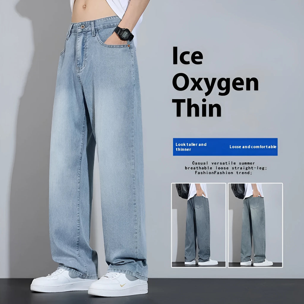 Straight leg casual trousers in thin ice silk denim with wide leg design