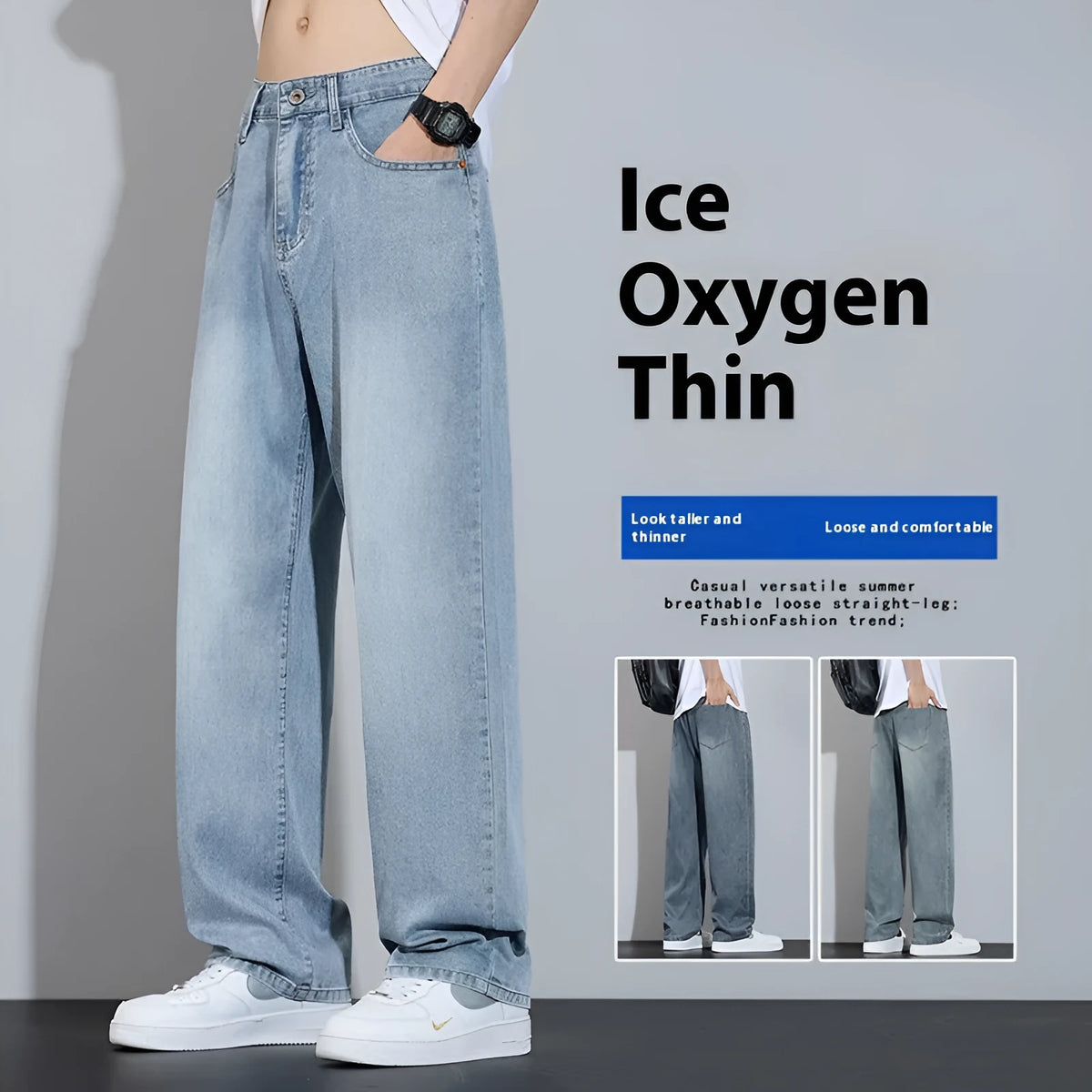Straight leg casual trousers in thin ice silk denim with wide leg design