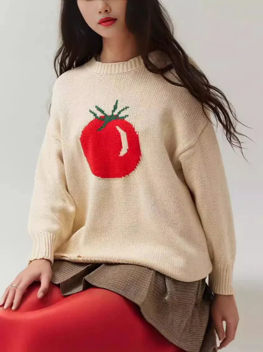 Beige milky white women's acrylic jacquard knit pullover sweater with round neck and long sleeves.