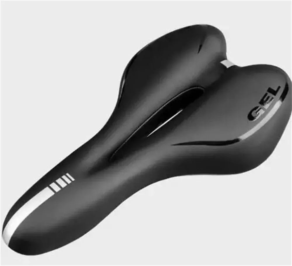 Thickened soft silicone bicycle cushion with PU leather cover, steel spring support, and included tire patch kit and wrench.