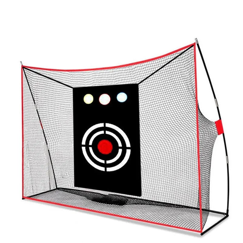 Golf wedge training net with straw practice mat and red practice balls