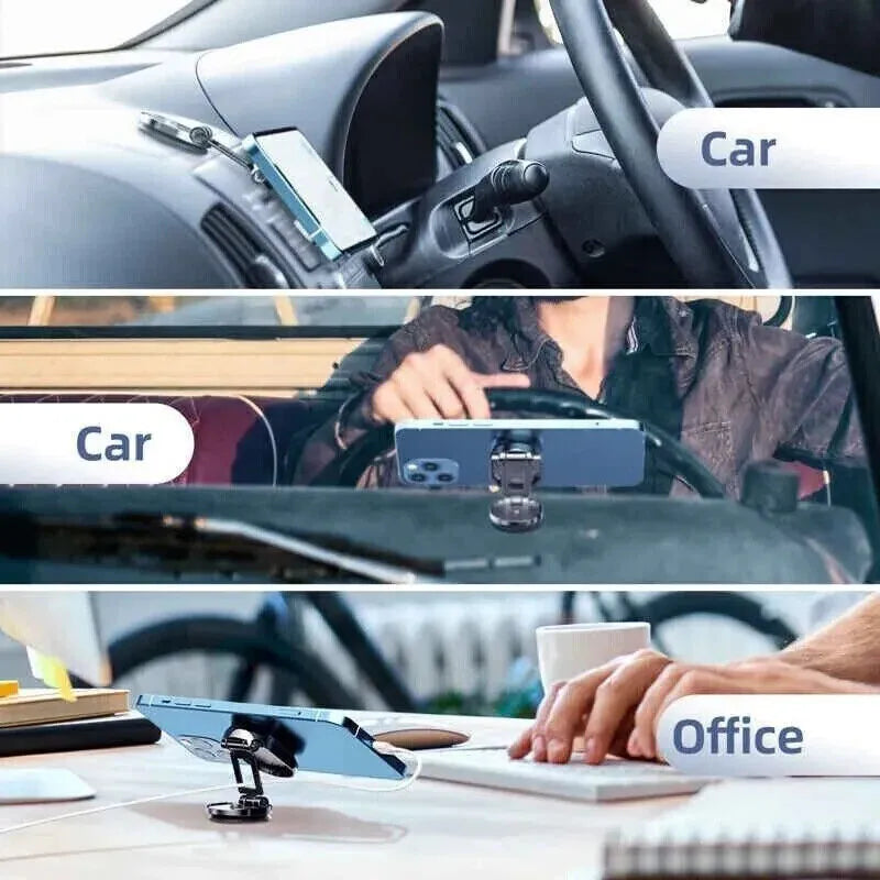 Chrome finish magnetic car phone holder with folded and extended positions showing adjustable head