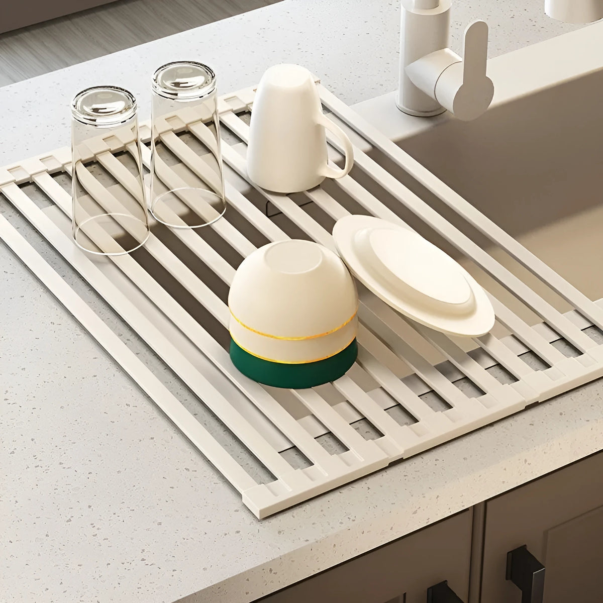 Milky white 304 stainless steel foldable kitchen draining rack