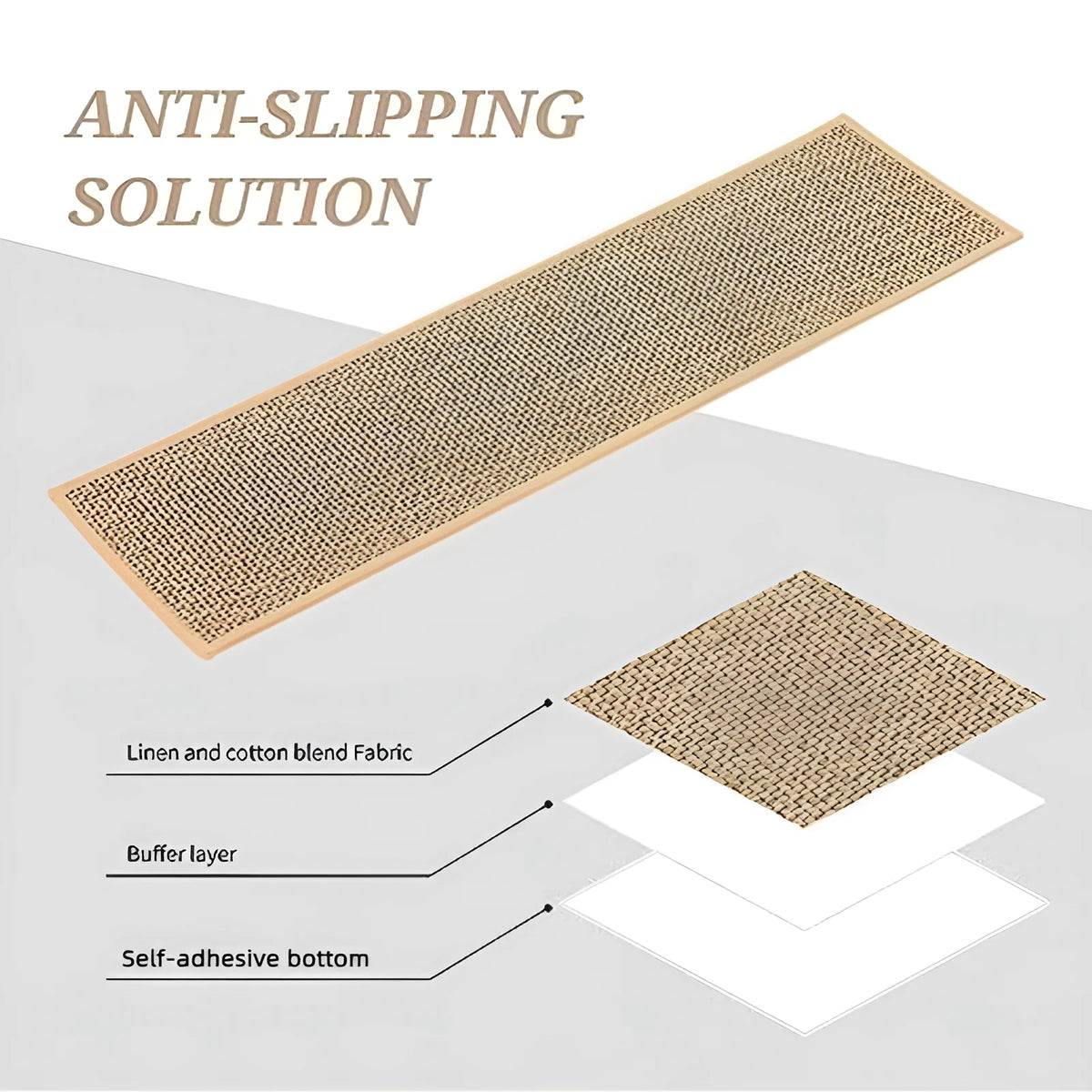 Japanese-style linen-look stair mat in camel colour with rubber bottom, measuring 20cm by 76cm.
