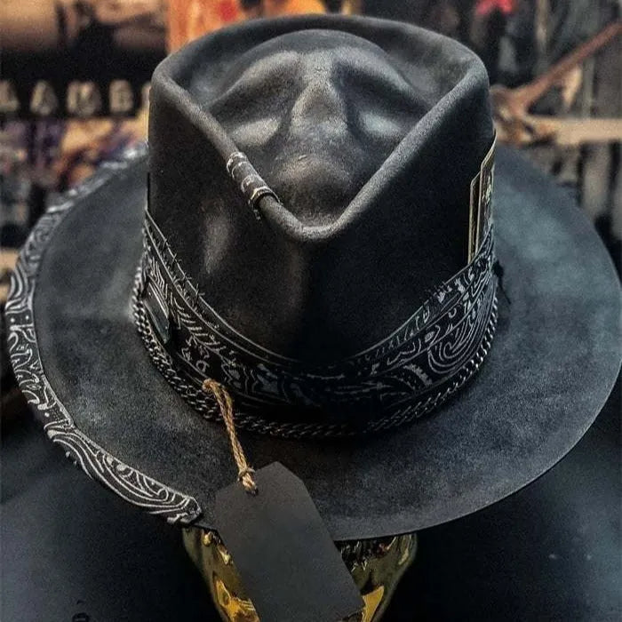 Handmade wool felt denim Halloween skull hat with conical crown design