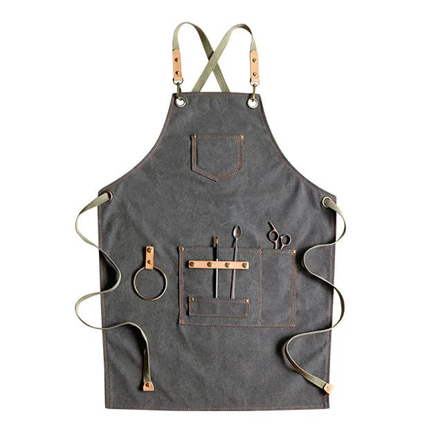 Canvas cross-strap apron in camel colour for cafe or baking work