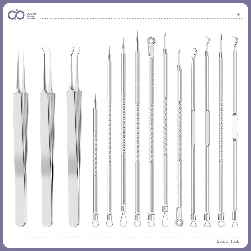 4-piece metal acne needle set with ultra-fine pointed clips on a silver background.