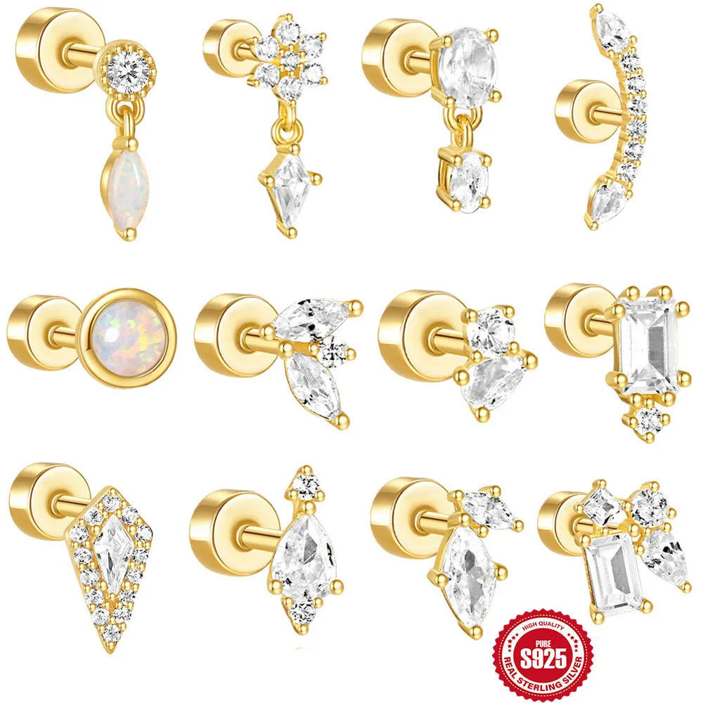 S925 sterling silver flat column geometric ear bone stud with gold electroplating.