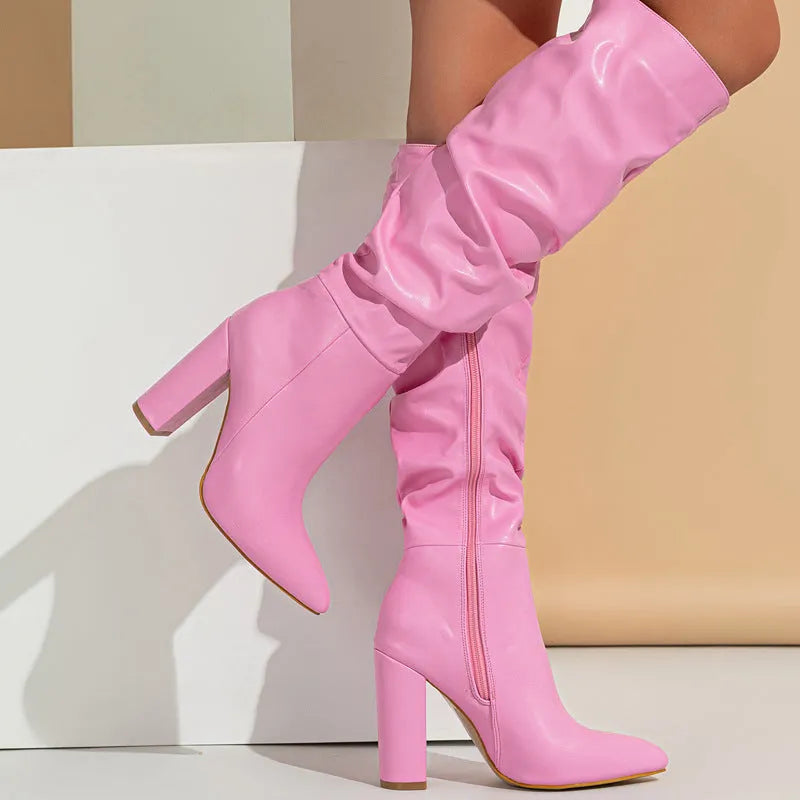 Women's white pointed toe high heel boots with side zipper and super high heels