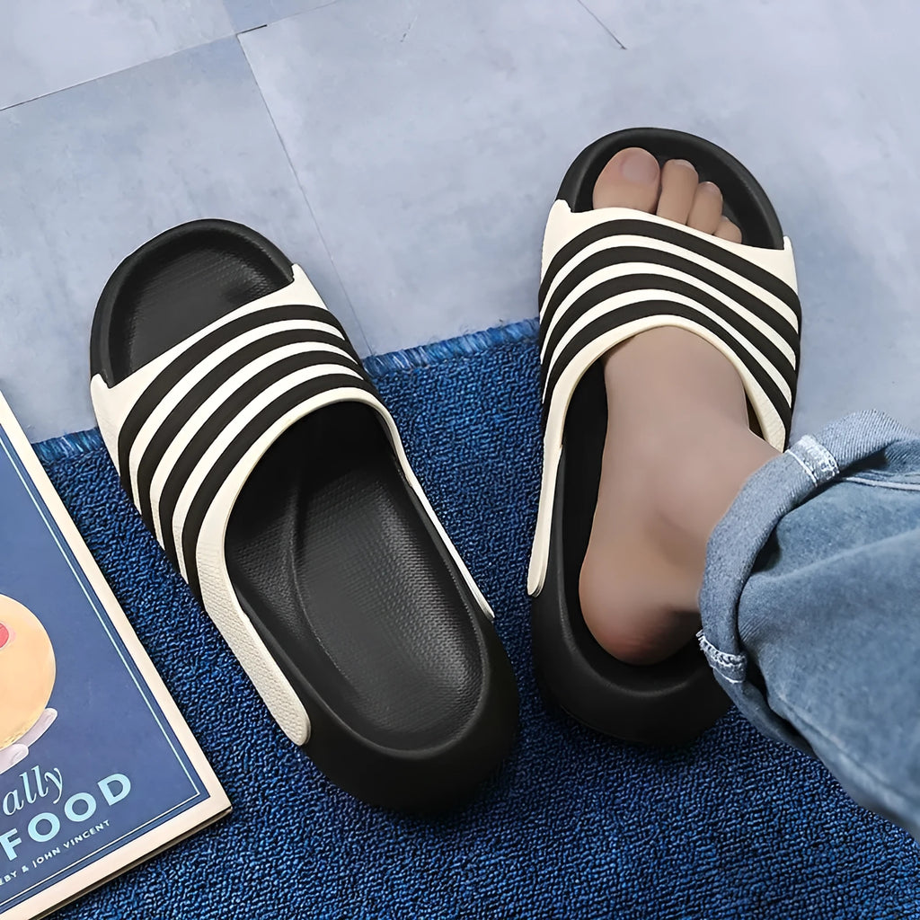 Casual PVC slippers with thick EVA sole in beige, black and white, blue and white, or green colour options