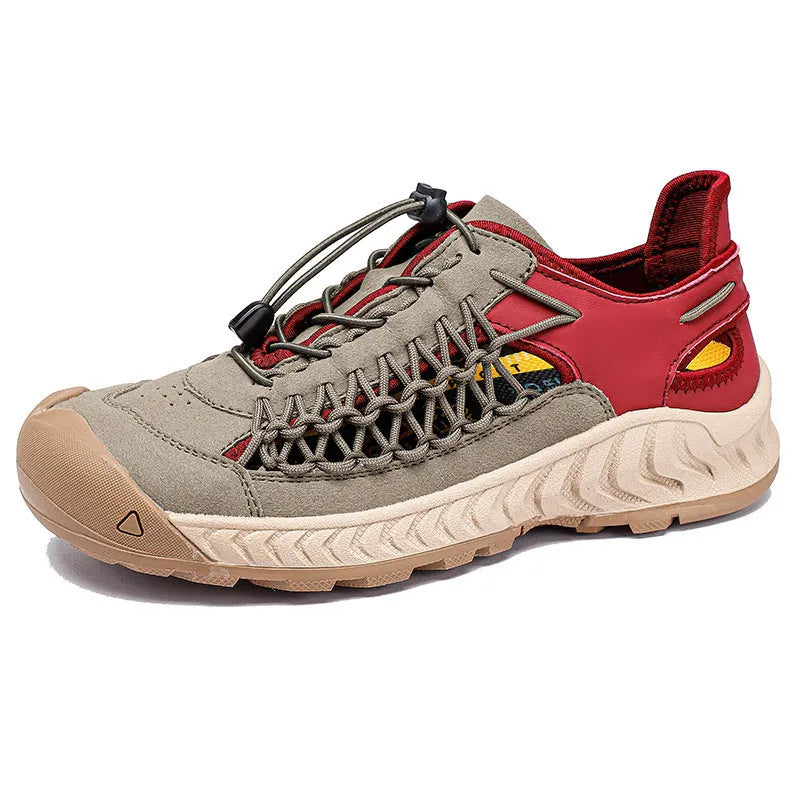 Men's hand-woven sandals with closed toe, elastic band, and rubber sole in light gray.