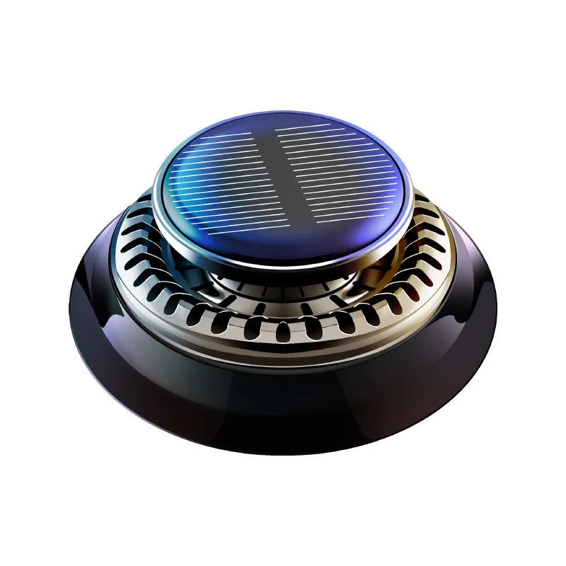 Black solar-powered car aromatherapy and electromagnetic de-icing device measuring 84mm