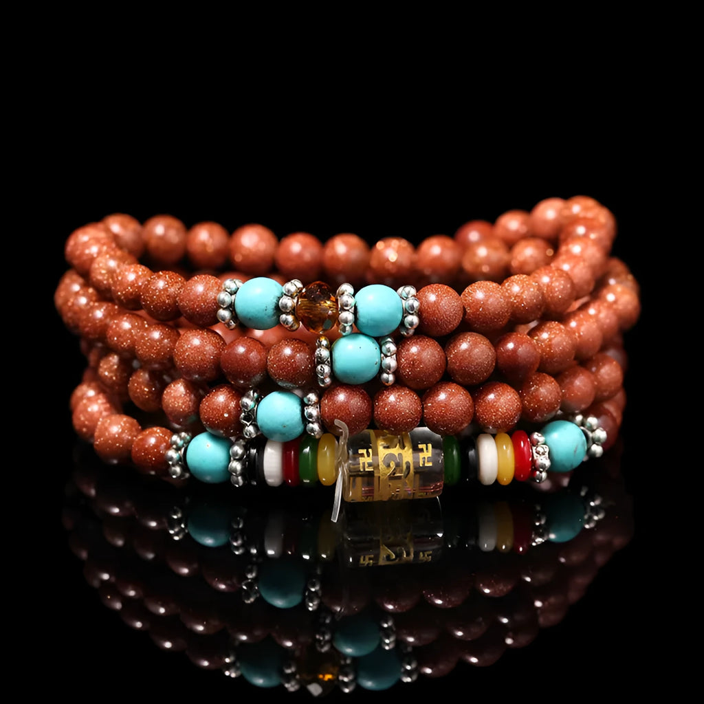 Golden star stone mantra bracelet with 108 sand beads and fu character ornament