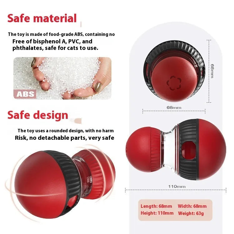 Rotating plastic cat toy with food dispenser, super ball, and sound feature.