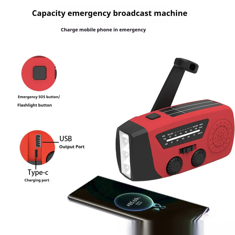 Red rechargeable hand radio emergency torch with wrist strap showing dimensions and Type-C charging port