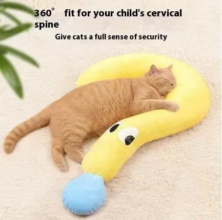 Blue and yellow U-shaped cat pillows in moon and question mark styles on a white background.