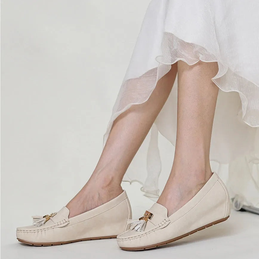 Nude casual work shoe insoles with 3-5cm heel height increase, TPR sole, and round toe design in beige colour