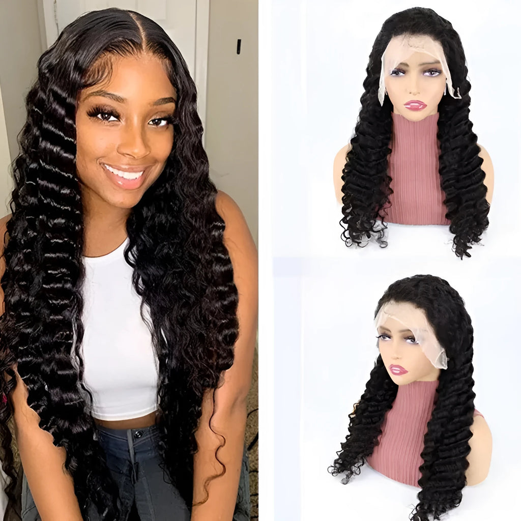 Solid colour half lace human hair wig showing natural hairline, available in lengths from 18 to 34 inches.