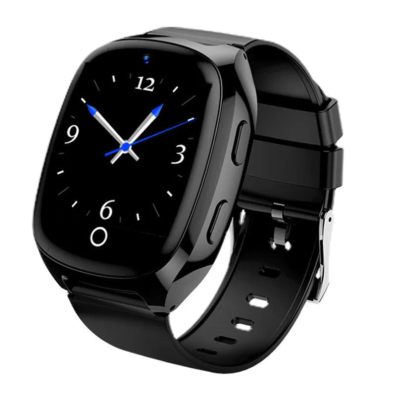 Black GPS tracker smartwatch with a 1.54-inch touch screen displayed on a wrist.