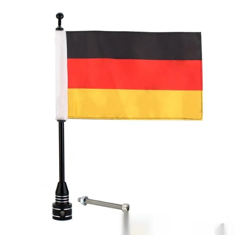Silver electroplated motorcycle flagpole mounted on a black tail box.