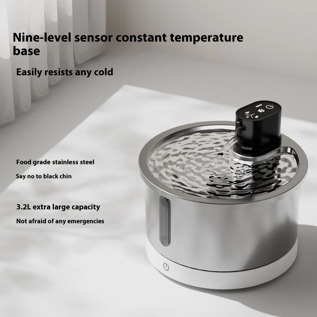 Stainless steel pet water fountain with digital heating base control panel, shown in white colour.