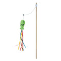 Cat wand toy with wooden handle, elastic string, catnip fish, colourful ribbons and metal bell